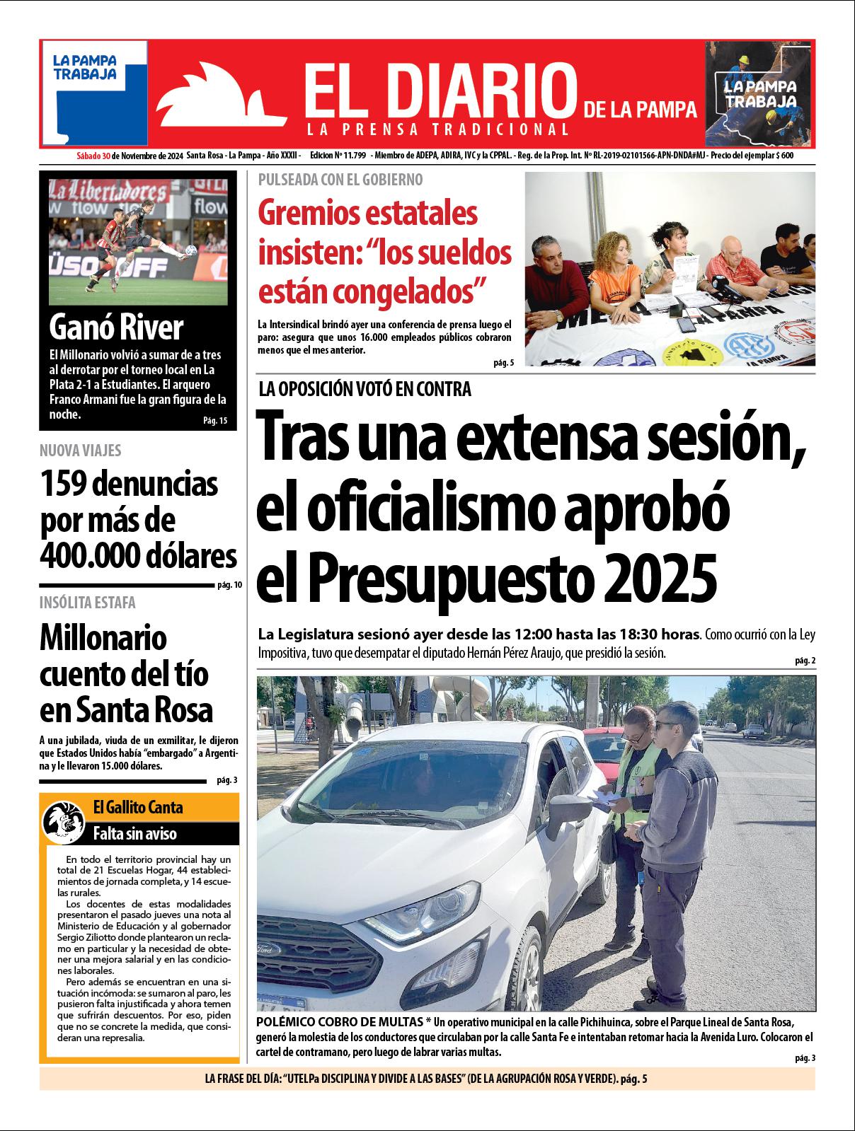 Tapa de El Diario en papel  saacutebado 30 de noviembre de 2024